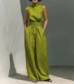 Detail of olive green linen-blend sleeveless top and wide-leg pants set for resort style - Lemon Yellow / S