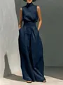 Elegant navy blue linen sleeveless top and wide-leg trousers two-piece resort set - Navy Blue