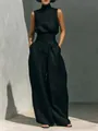 Elegant black cotton linen two-piece set with high neck top and wide leg trousers - Black