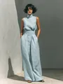 Elegant light blue sleeveless cotton linen top and wide-leg trousers vacation set for women - Sky Blue