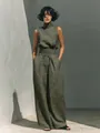 Olive green sleeveless linen blend top and wide-leg trousers vacation set - Army Green / S