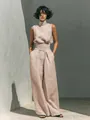 Elegant sleeveless cotton linen top and wide-leg trousers set in a light beige finish - Pink / S