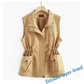 Detail of khaki women's vest with drawstring waist and double layer lining. - M / Khaki