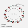 Elegante pulsera con dije de cereza en acero inoxidable con cristales rojos y cadena - Rojo-Acero