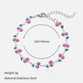 Pulsera delicada de acero inoxidable con cerezas rosas brillantes y hojas verde azul - Pink-Steel