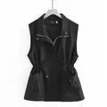 Women's casual black slim-fit drawstring vest jacket - M / Black