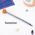 Elegant silver metal ballpoint pen topped with a natural orange sunstone raw crystal - Sunstone Raw Stone (6186451919081)