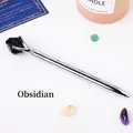 Silver metal ballpoint pen featuring a natural raw black obsidian crystal stone top - Obsidian Raw Stone (6193772626504)