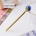 Luxury gold metal ballpoint pen featuring a natural blue lapis lazuli crystal ball - Lapis Lazuli Sphere Style (6186451919087)