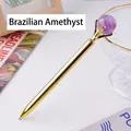 Elegant gold metal ballpoint pen with a purple amethyst crystal ball for office - Brazilian Amethyst Sphere Style (6186451919093)