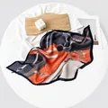 Elegant pleated satin square scarf 70cm featuring vintage orange and black belt print - 70cm / Belt Gray