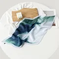 Elegant pleated satin square scarf with blue and green abstract ink print. - 70cm / Oil Painting Blue