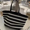 Large black and white striped woven tote bag for beach vacation or shopping - Black (Magnetic Buckle)