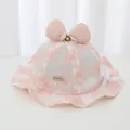 Detail of pink baby lace bucket hat with floral embroidery and large bow - 45-48cm / Pink