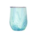 Detail view of 12oz insulated wine tumbler with blue marble wood grain pattern and lid - 12oz / Wood Grain Glacier