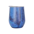 Close-up detail of a 12oz blue wood grain patterned stainless steel wine tumbler with lid. - 12oz / Wood Grain Black Forest