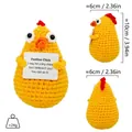 Detailed views and dimensions of a handmade crochet positive chick desk ornament. - Big Eyed Chick