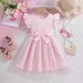 Pink flutter sleeve girl's princess dress with star sequins and bow - Pink / 100cm