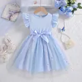 Light blue girl's princess dress with flutter sleeves and star sequin tulle skirt - Light Blue / 100cm