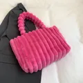 Vibrant pink plush tote bag with pleated faux fur texture for autumn winter fashion. - Rose Red