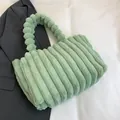 Elegant large capacity mint green plush tote bag featuring pleated faux fur texture - Green