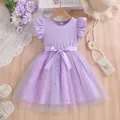 Girl's purple ribbed ruffle sleeve dress with star sequin tulle skirt and bow tie - Purple / 100cm