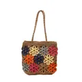 Detailed view of handmade woven straw tote with colorful crochet flower patterns. - Style 2 Khaki
