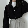 Korean chic minimalist black corduroy cropped shirt with drawstring hem and long sleeves - S / Black