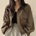 Retro minimalist brown corduroy loose-fit lapel long-sleeve shirt jacket for women - S / Khaki