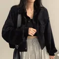 Retro chic black short corduroy jacket featuring a lapel collar for stylish women - S / Black