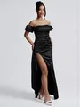 Elegant off-the-shoulder black satin evening gown featuring high slit and pleats - XS / Black