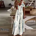 Vestido largo holgado de verano con cuello en V, encaje y estampado tie-dye marino - S / Azul Marino