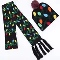 Conjunto de gorro de punto y bufanda con flecos de Navidad con patrón de bombillas de colores - Combinación 4