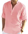 Classic men's casual pink long-sleeved cotton linen shirt with stylish stand collar - S / Bright Red