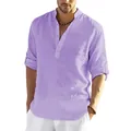 Stylish men's loose fit long-sleeve linen shirt in lavender purple color for summer - S / Purple