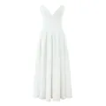 Elegant white V-neck pleated A-line midi dress with corset-style waist for summer - S / White