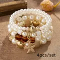Bohemian multi-layer pearl and starfish beaded bracelet 4-piece set - Coffee