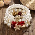 4-piece Bohemian multi-layer pearl bracelet set with starfish charm - Red