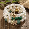 4-piece Bohemian multilayer beaded bracelet set with starfish charm and pearls - Green