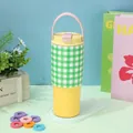 30oz insulated tumbler with green checkered pattern yellow body and pink handle - 701ml-900ml / Yellow and Green Patchwork II