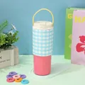 30oz insulated tumbler with blue gingham and pink contrast design and handle - 701ml-900ml / Blue and Pink Patchwork II
