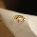 Elegant French style bamboo joint pearl ring with adjustable gold-plated band - Adjustable Open / Gold