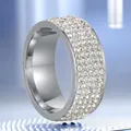 Elegant silver titanium steel band ring fully inlaid with shimmering white crystals - Size 5 / Steel Color Five Row Rhinestone