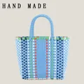 Handmade colorful checkered woven plastic tote bag with blue and green sweet design - Blue