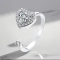 Elegant silver-plated adjustable open ring featuring a sparkling heart-shaped zircon centerpiece - Adjustable Open / Heart Rotating Style