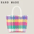 Handmade colorful contrast plastic woven picnic tote bag with white braided top handle - White