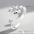 Dainty silver-plated rotating star and moon ring with sparkling cubic zirconia stones - Adjustable Open / Union Jack Motif Rotating Style