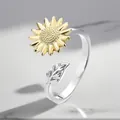 Detailed macro view of an adjustable sunflower ring with gold and silver tones. - Adjustable Open / Leaf & Sunflower Rotating Style