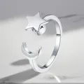 Detailed macro view of an adjustable silver-plated rotating ring with star and moon motifs - Adjustable Open / Five-pointed Star Rotating Style