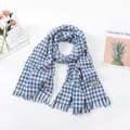 Blue and white houndstooth winter scarf with fringe details and label. - Large Houndstooth Pattern / Blue / Over 175cm